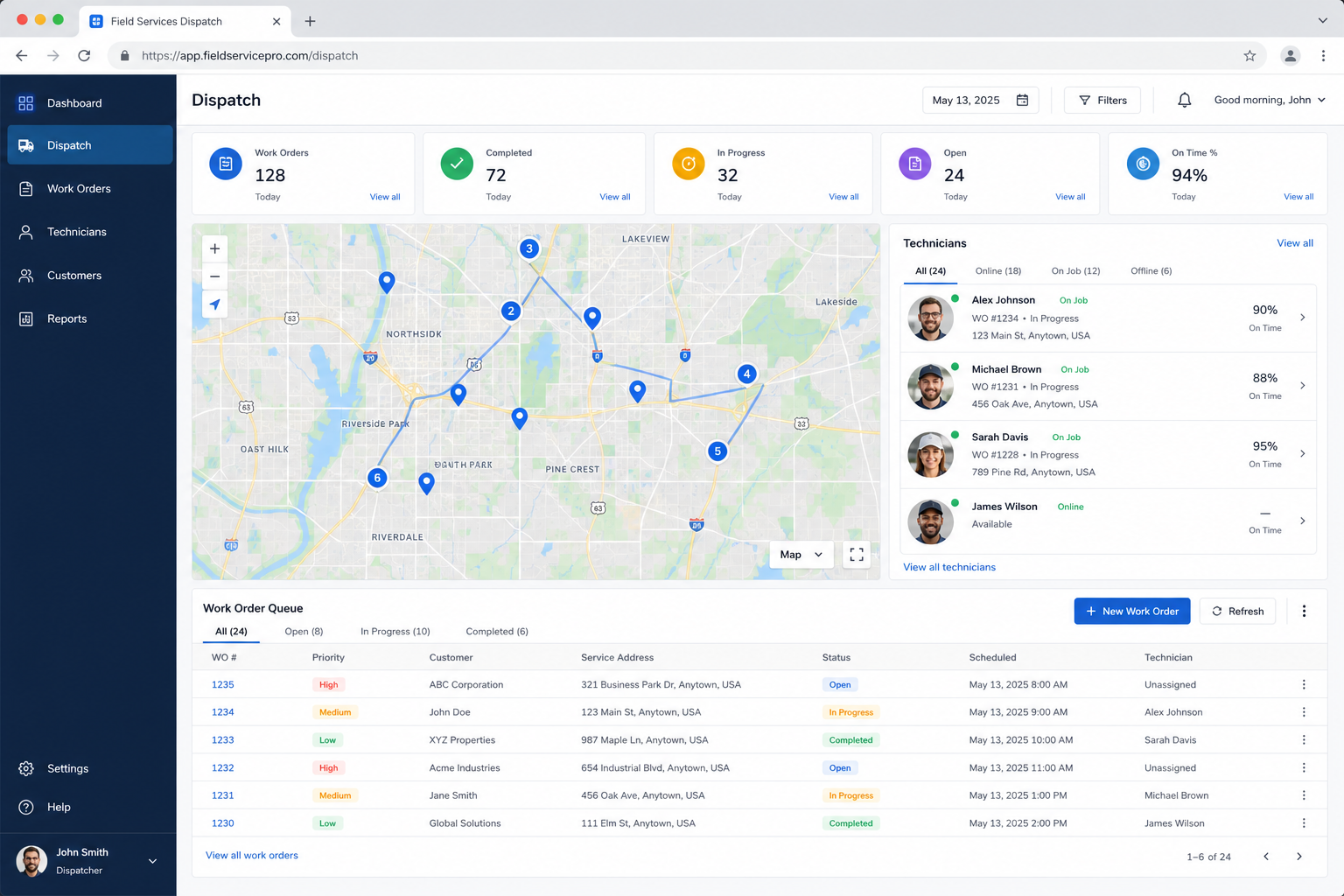 Field services dispatch and work order dashboard